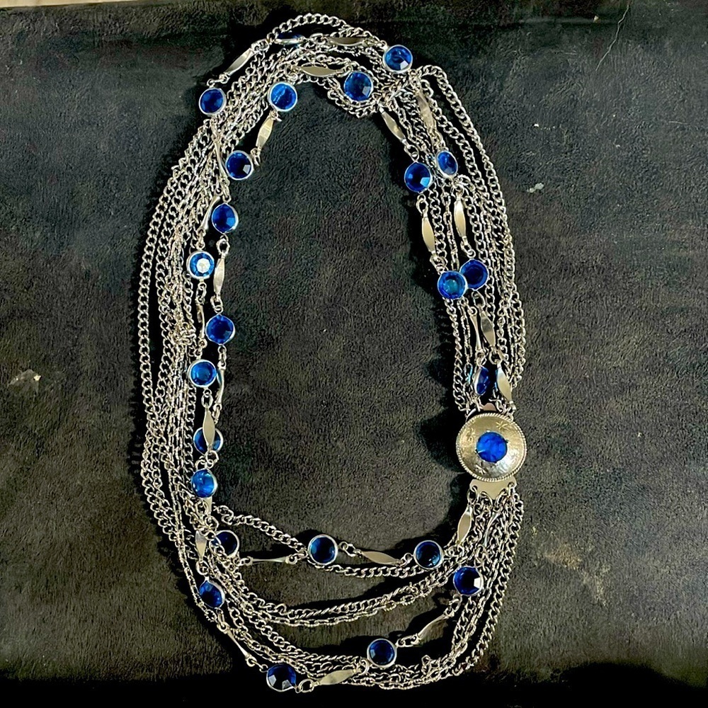 Signed Celebrity NY multi strand blue rhinestone necklace